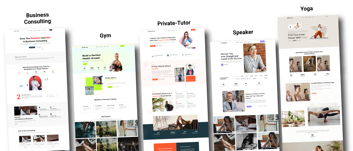 Examples of websites for various life coach businesses: business consulting, yoga, gym, private tutoring, and speaking engagements, showcasing different industry niches.